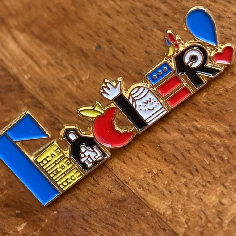 Vintage Colorful Enamel Teacher Gold Tone Lapel Pin Brooch Teacher Gift